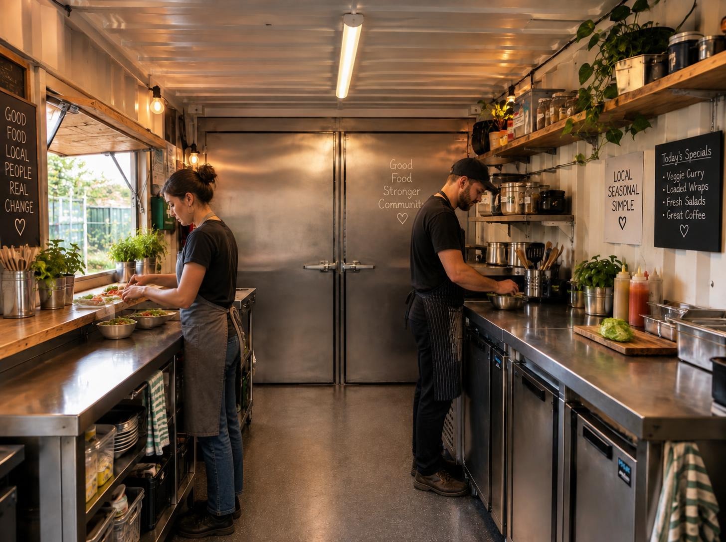A warm, practical community kitchen inside the Gather & Grow container