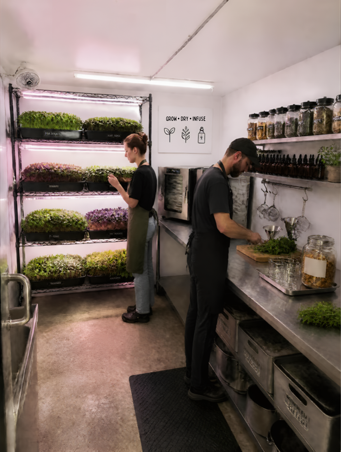 Microgreens and herbs being prepared in the Gather & Grow kitchen
